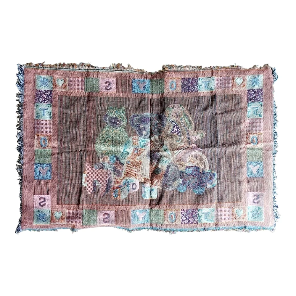 Blue Jean Teddy Bear Tapestry Throw Blanket Vintags 80s/90s Nursery‎ Decor